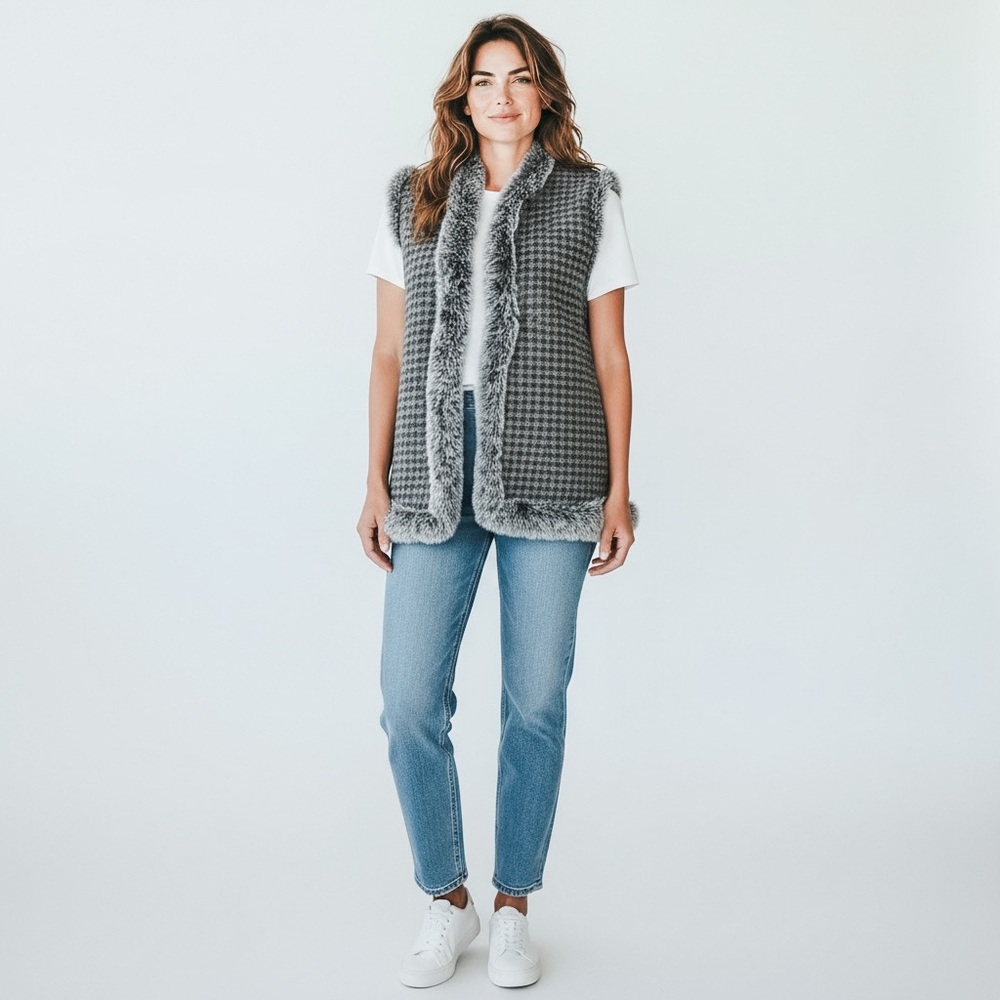 J. McLaughlin 100% Cashmere Gray Houndstooth Open Front Vest